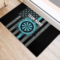Turquoise-and-black rubber doormat with TEAM NAME, dart graphic, stars, gray striped rays