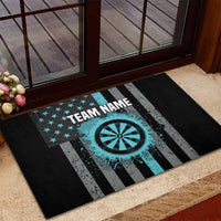 Dart-themed rubber doormat with turquoise burst, stars and gray black stripes, TEAM NAME