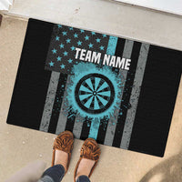 Custom doormat with turquoise dart burst, stars, gray black stripes, TEAM NAME, textured