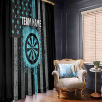Black and turquoise patriotic window curtain with stars, dartboard print, and text blocks