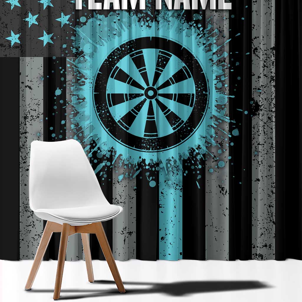 Turquoise and black curtain close-up with dartboard graphic, splatter dots, and stars