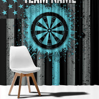 Turquoise and black curtain close-up with dartboard graphic, splatter dots, and stars