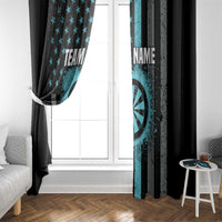 Black and turquoise patriotic curtain beside white door, featuring dartboard and star accents
