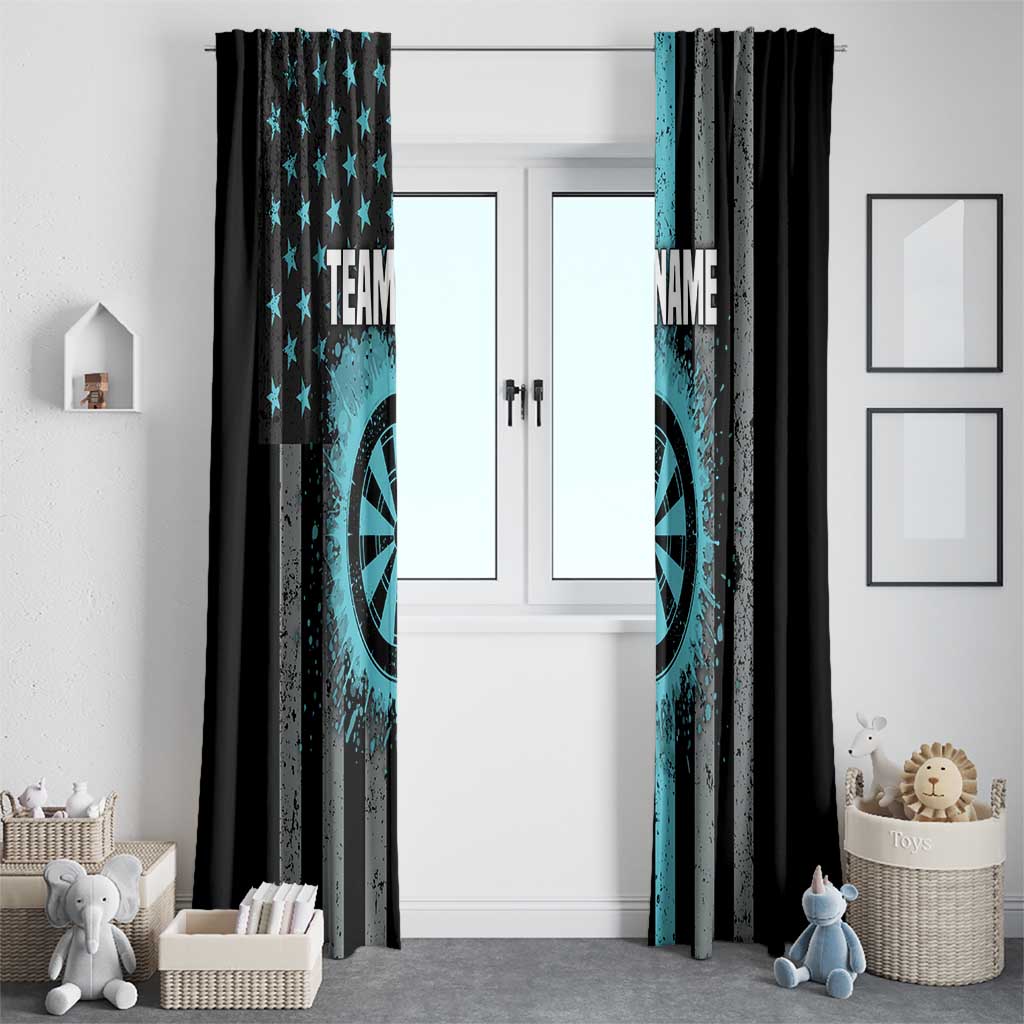 Pair of black and turquoise patriotic window curtains with dartboard art and speckled grunge