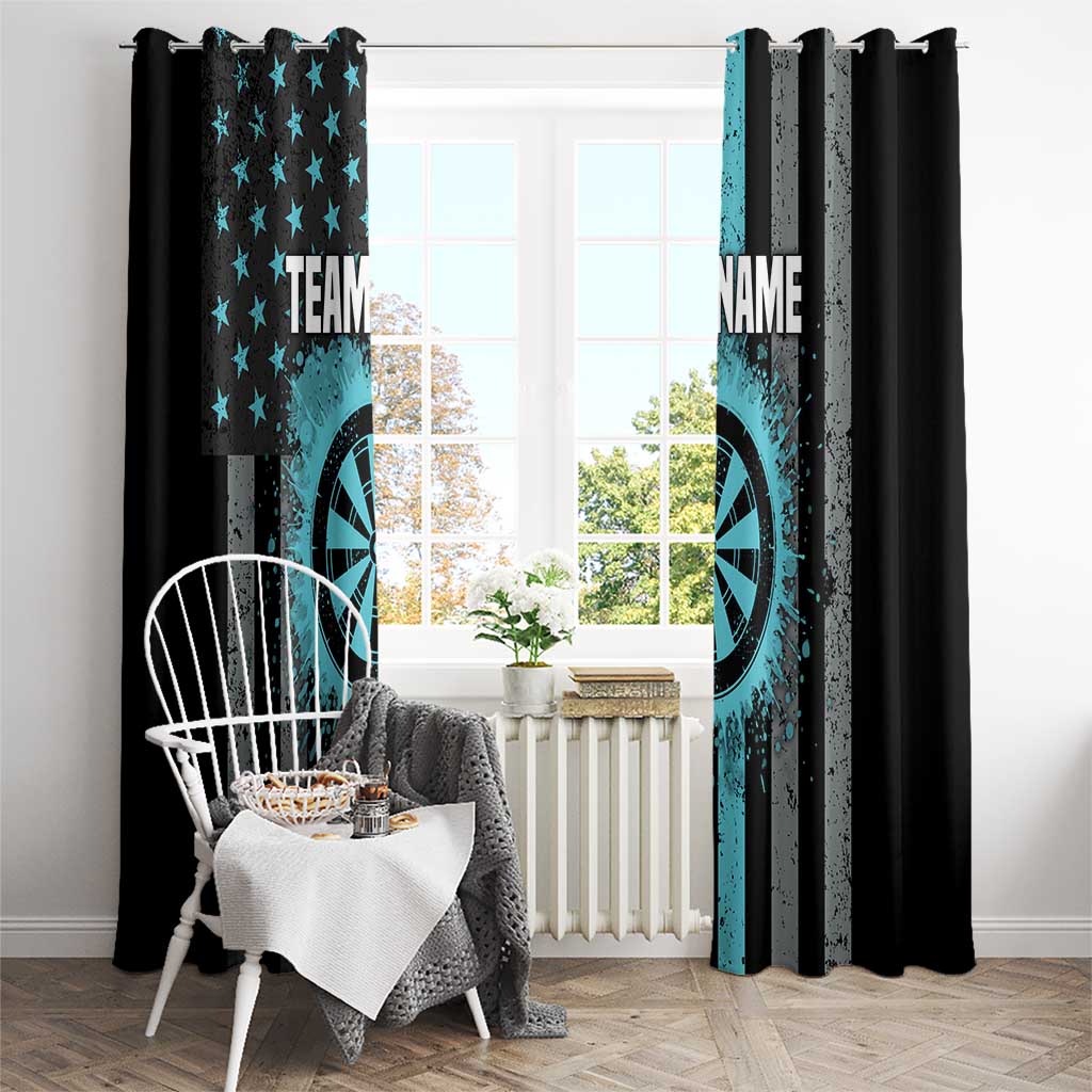 Black and turquoise patriotic curtains with dartboard motifs and star pattern on each side