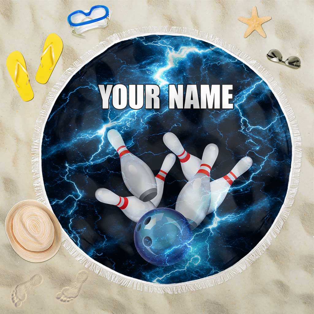 Personalized Bowling Ball Strike Graphic Beach Blanket Blue Lightning Storm and Electric Energy - Wonder Print Shop