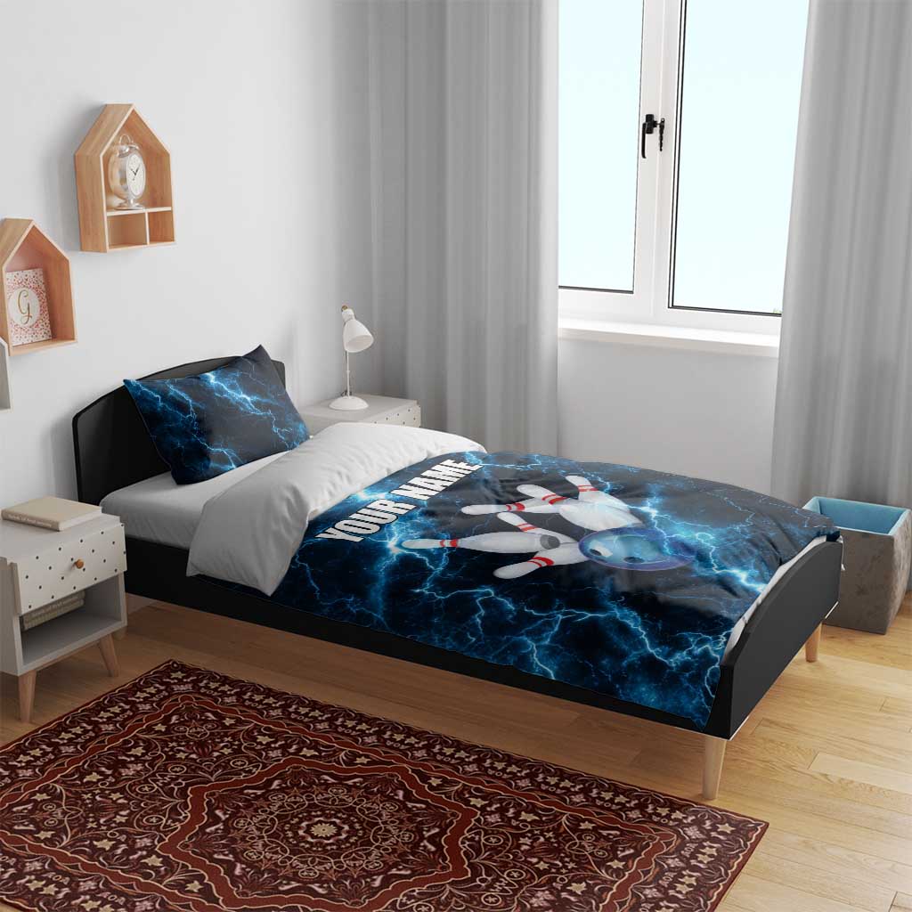 Personalized Bowling Ball Strike Graphic Bedding Set Blue Lightning Storm and Electric Energy - Wonder Print Shop
