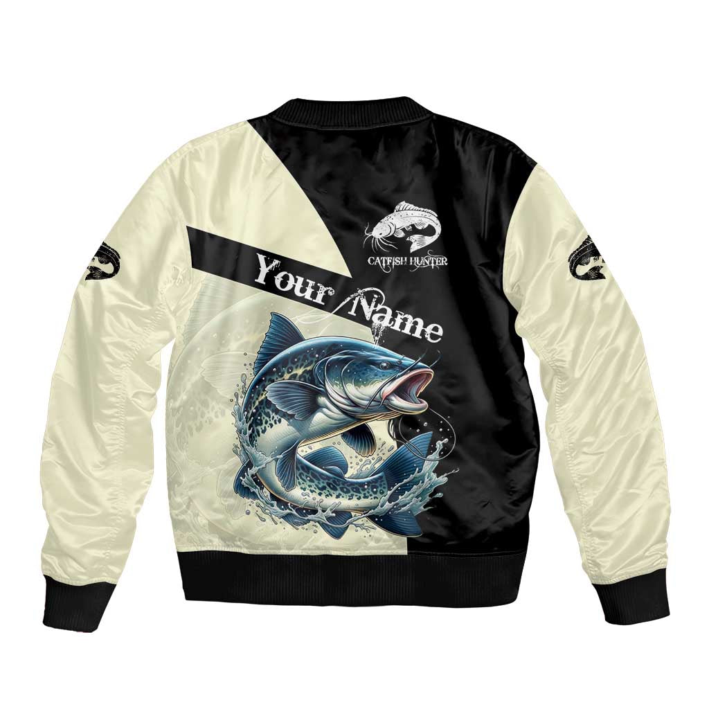 Catfish Fishing Customize Name Bomber Jacket Splash Effect and Black Cream Split Design - Wonder Print Shop