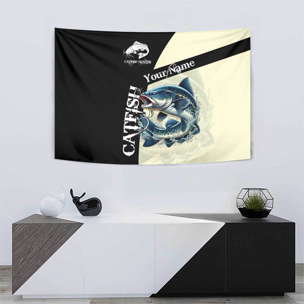 Catfish Fishing Customize Name Tapestry Splash Effect and Black Cream Split Design - Wonder Print Shop