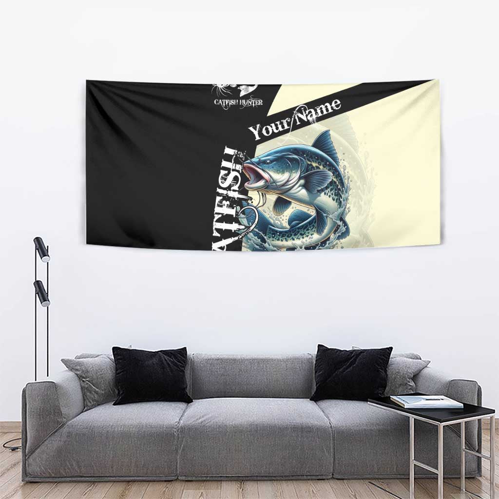 Catfish Fishing Customize Name Tapestry Splash Effect and Black Cream Split Design - Wonder Print Shop