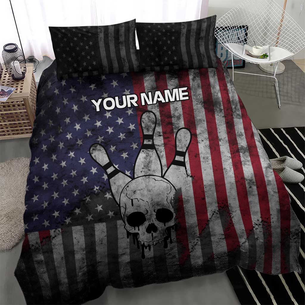 Personalized Skull Bowling Bedding Set Distressed American Flag in Dark Grunge Design - Wonder Print Shop