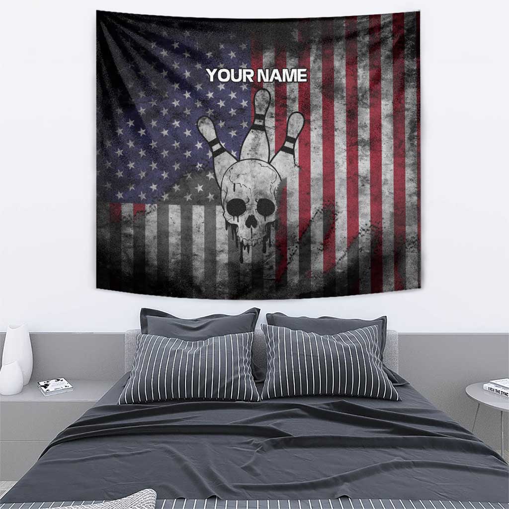 Personalized Skull Bowling Tapestry Distressed American Flag in Dark Grunge Design - Wonder Print Shop
