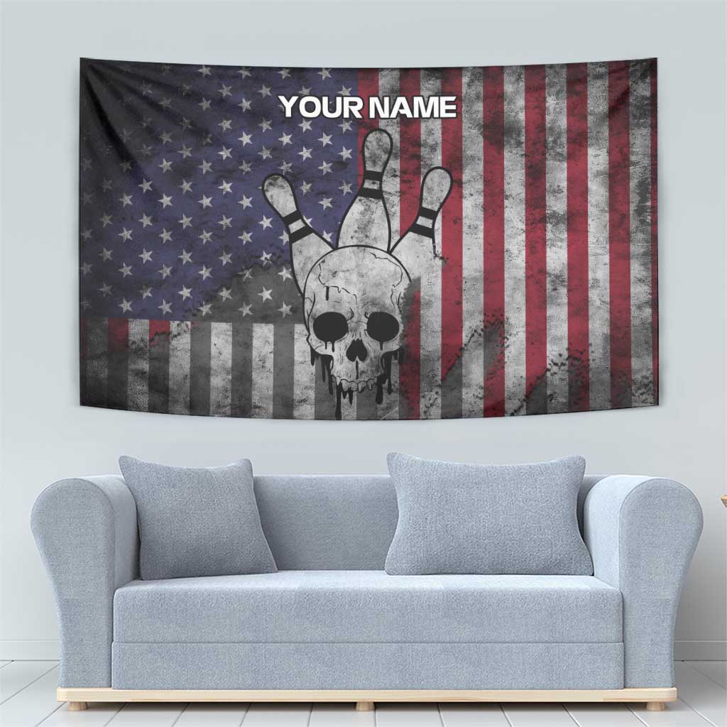 Personalized Skull Bowling Tapestry Distressed American Flag in Dark Grunge Design - Wonder Print Shop