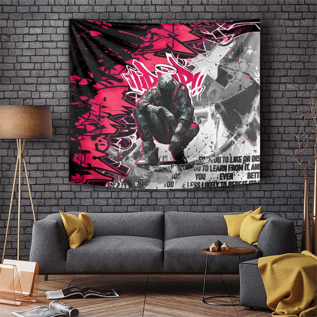Hip Hop Graffiti Design Tapestry Sitting Hooded Figure and Red Black Street Art Elements - Wonder Print Shop