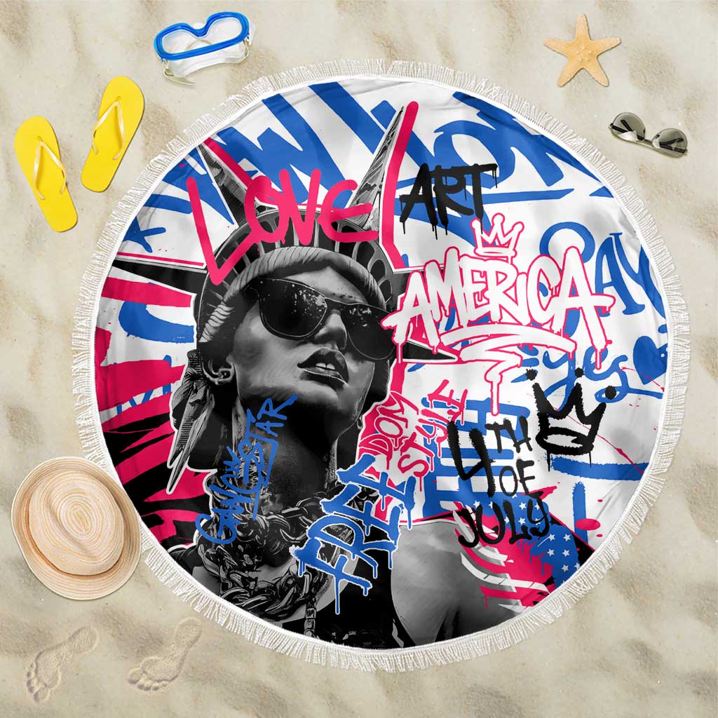 Statue of Liberty Graffiti Street Art Beach Blanket America Text and 4th of July Theme in Red White and Blue Design - Wonder Print Shop
