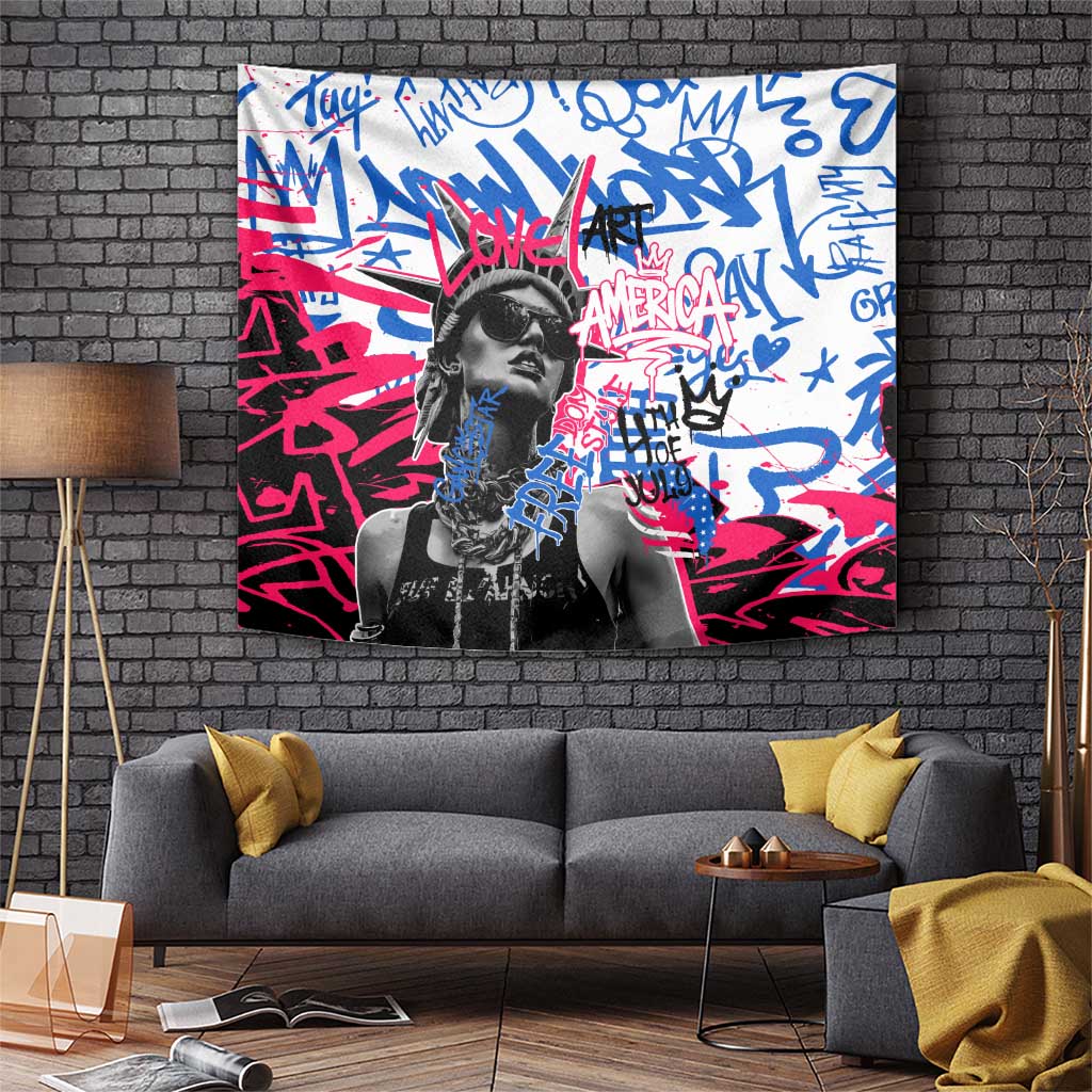 Statue of Liberty Graffiti Street Art Tapestry America Text and 4th of July Theme in Red White and Blue Design - Wonder Print Shop