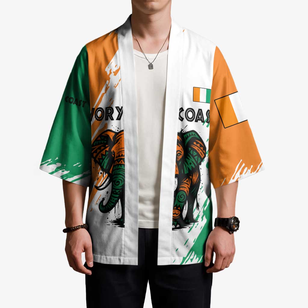 Ivory Coast Kimono with Tribal Elephant and Paint Splash Design - Wonder Print Shop