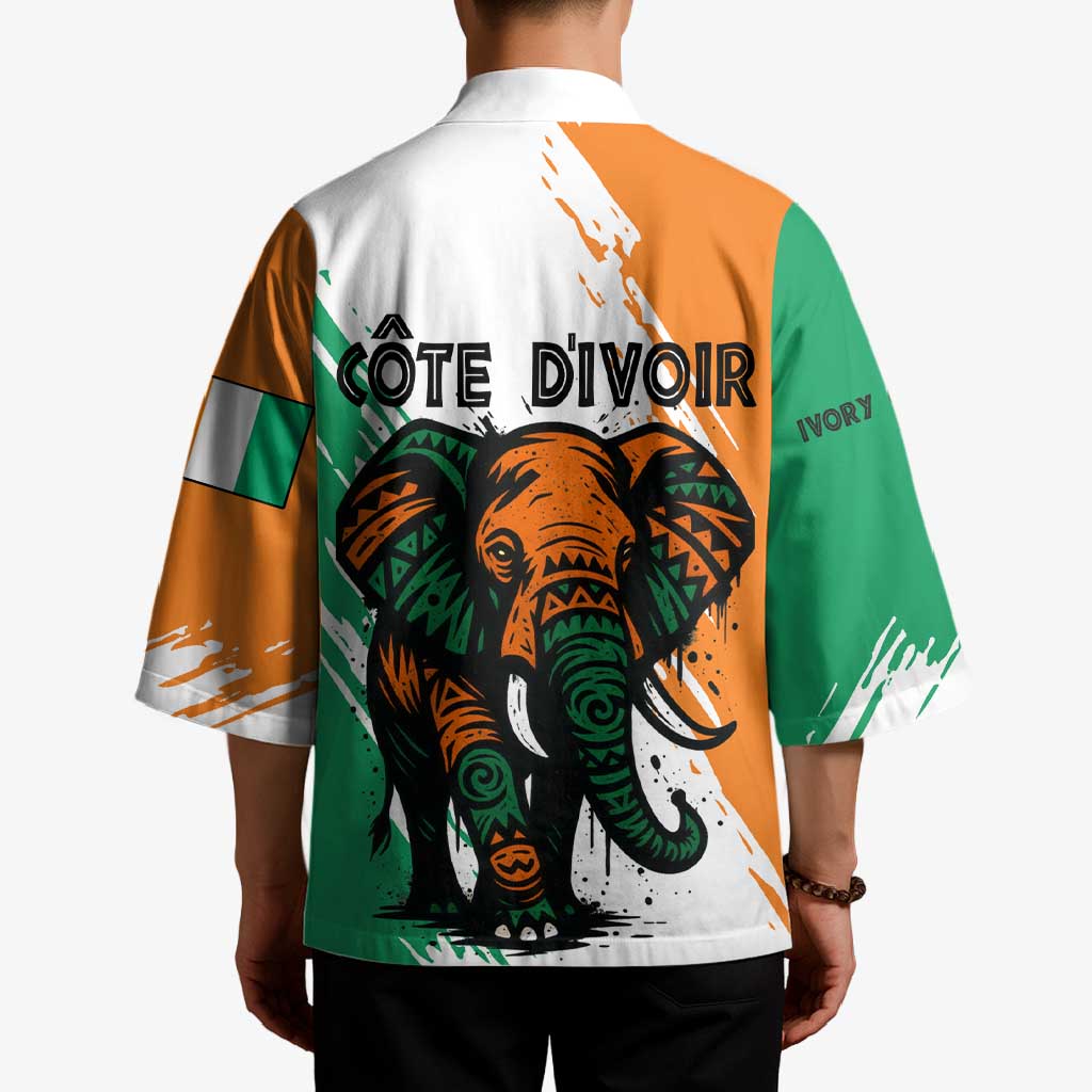 Ivory Coast Kimono with Tribal Elephant and Paint Splash Design - Wonder Print Shop