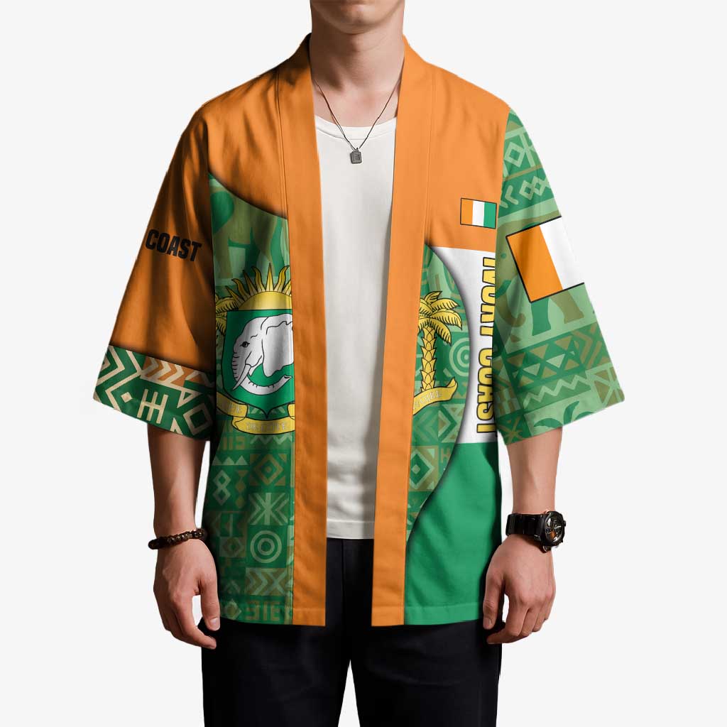 Ivory Coast Kimono with Elephant Crest and Tribal Pattern Design - Wonder Print Shop