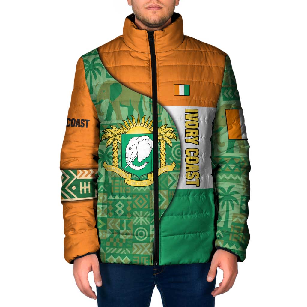 Ivory Coast Padded Jacket with Elephant Crest and Tribal Pattern Design - Wonder Print Shop
