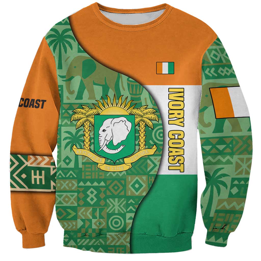 Ivory Coast Sweatshirt with Elephant Crest and Tribal Pattern Design - Wonder Print Shop