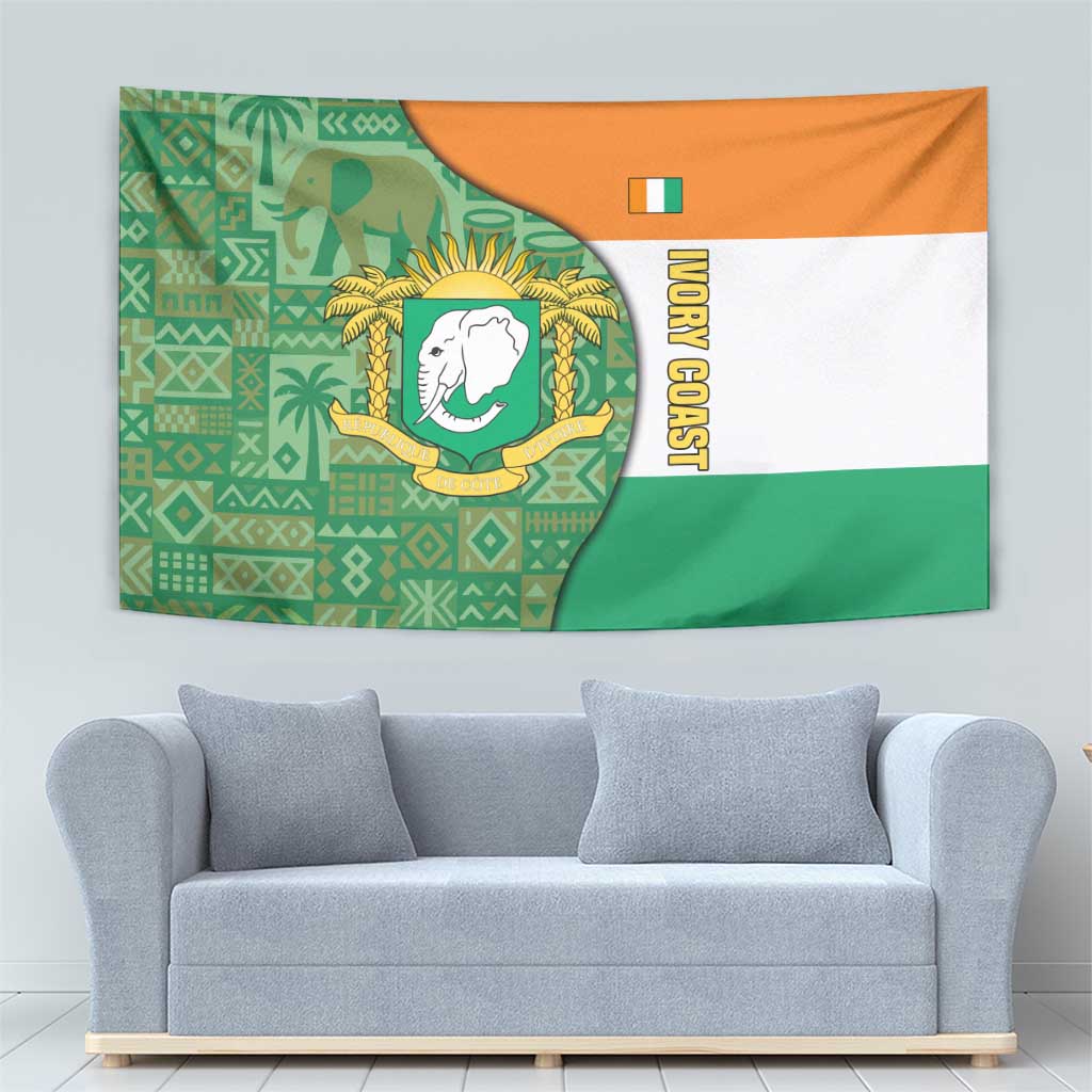 Ivory Coast Tapestry with Elephant Crest and Tribal Pattern Design - Wonder Print Shop