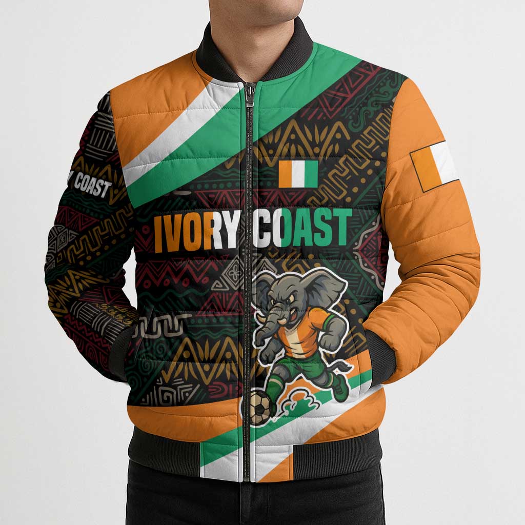 Ivory Coast Bomber Puffer Jacket with Soccer Elephant and Tribal Pattern Design - Wonder Print Shop