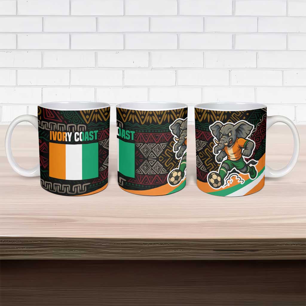 Ivory Coast Ceramic Mug with Soccer Elephant and Tribal Pattern Design - Wonder Print Shop