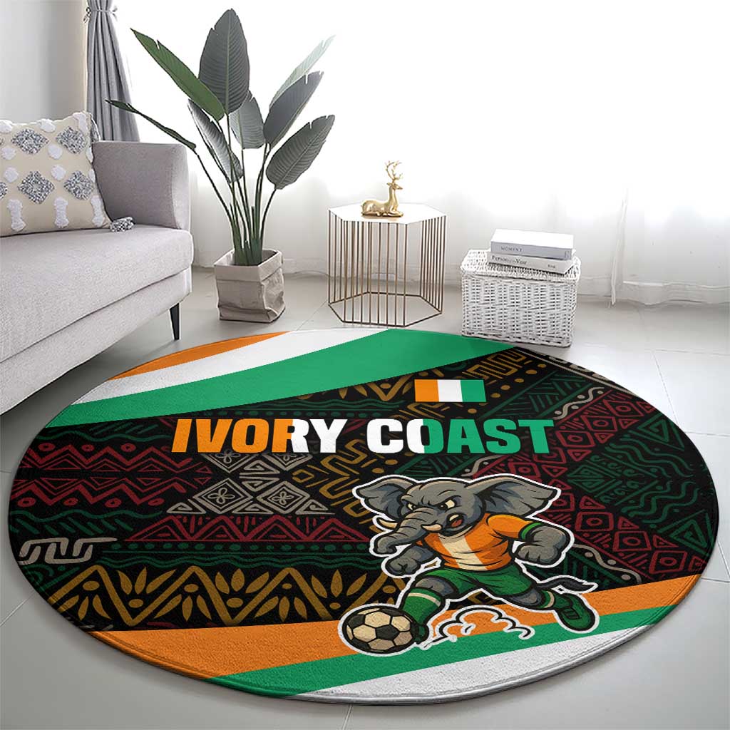 Ivory Coast Round Carpet with Soccer Elephant and Tribal Pattern Design - Wonder Print Shop
