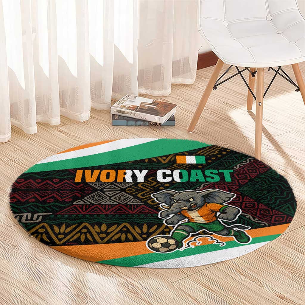 Ivory Coast Round Carpet with Soccer Elephant and Tribal Pattern Design - Wonder Print Shop
