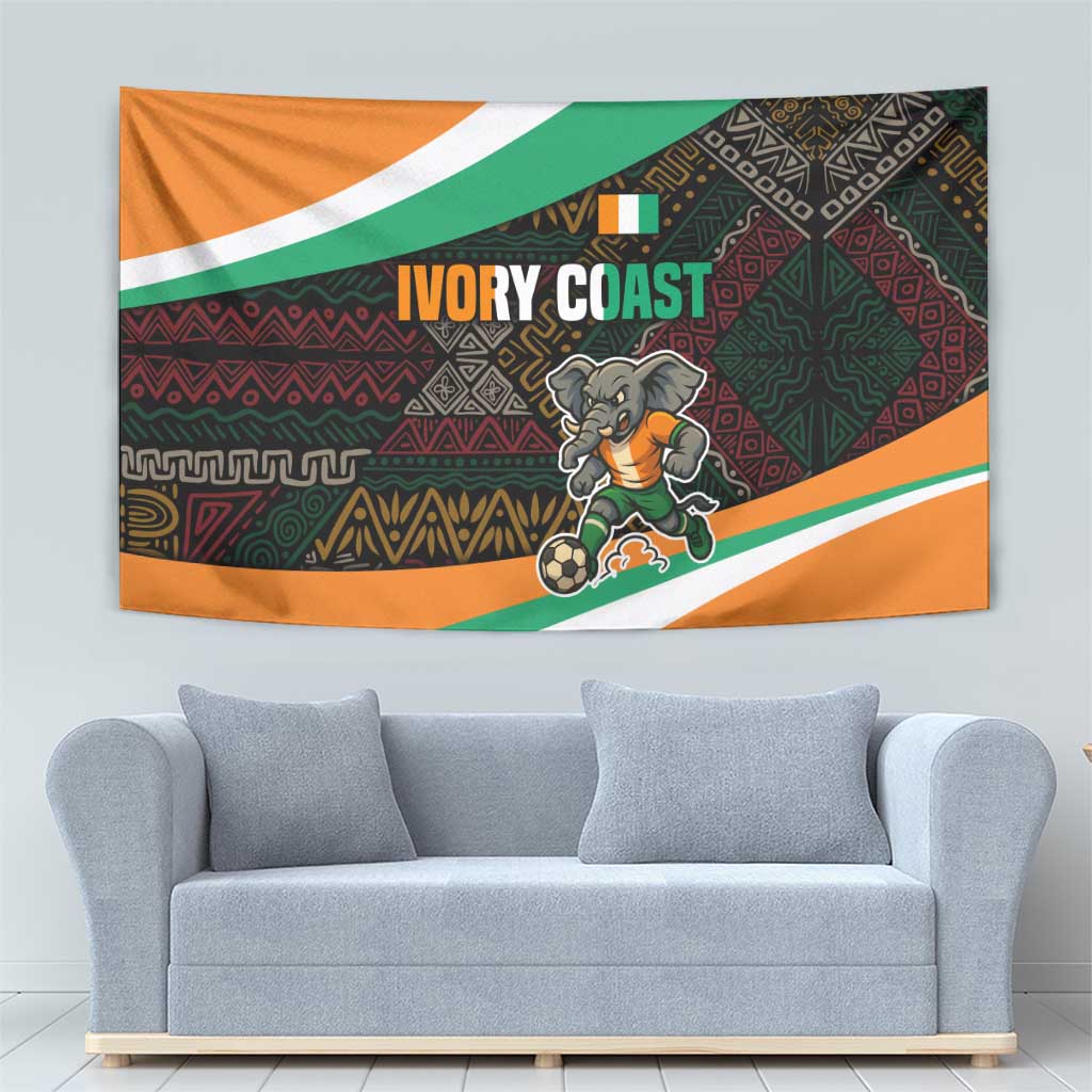 Ivory Coast Tapestry with Soccer Elephant and Tribal Pattern Design - Wonder Print Shop
