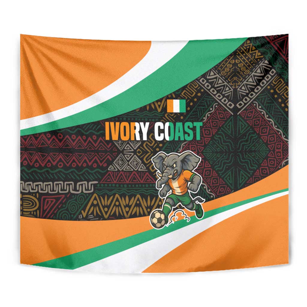 Ivory Coast Tapestry with Soccer Elephant and Tribal Pattern Design - Wonder Print Shop
