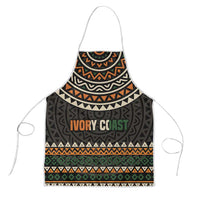 Apron with dark geometric pattern and 'IVORY COAST' motto, white neck and waist ties