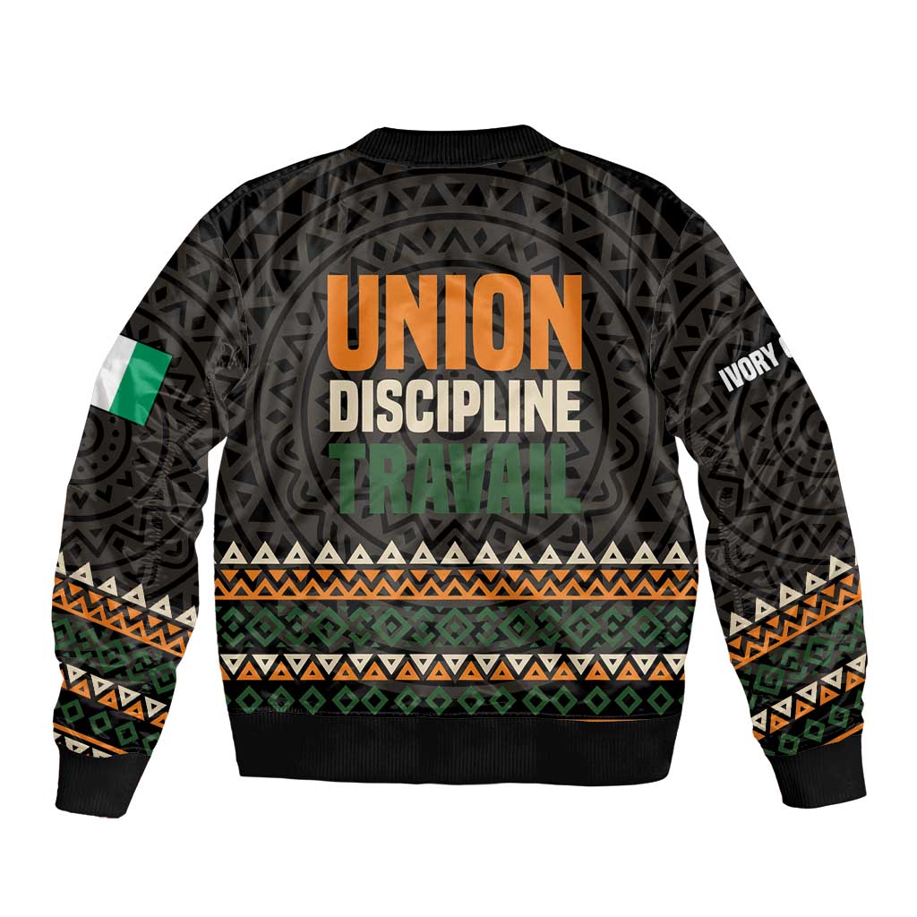 Ivory Coast Bomber Jacket with Ethnic Geometric Pattern and National Motto Design - Wonder Print Shop