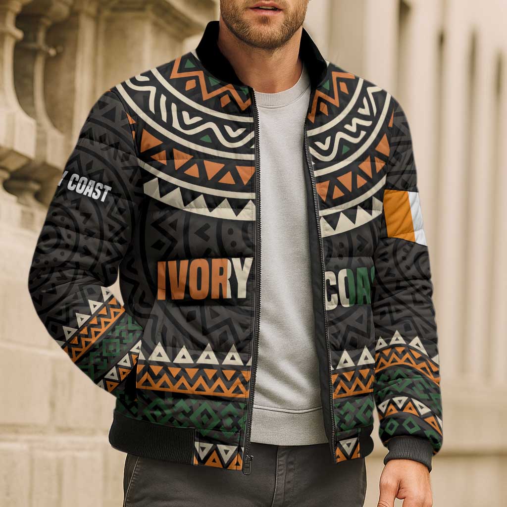 Ivory Coast Bomber Puffer Jacket with Ethnic Geometric Pattern and National Motto Design - Wonder Print Shop