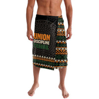 Black wrap skirt with multicolor geometric trim and circular emblem print on front