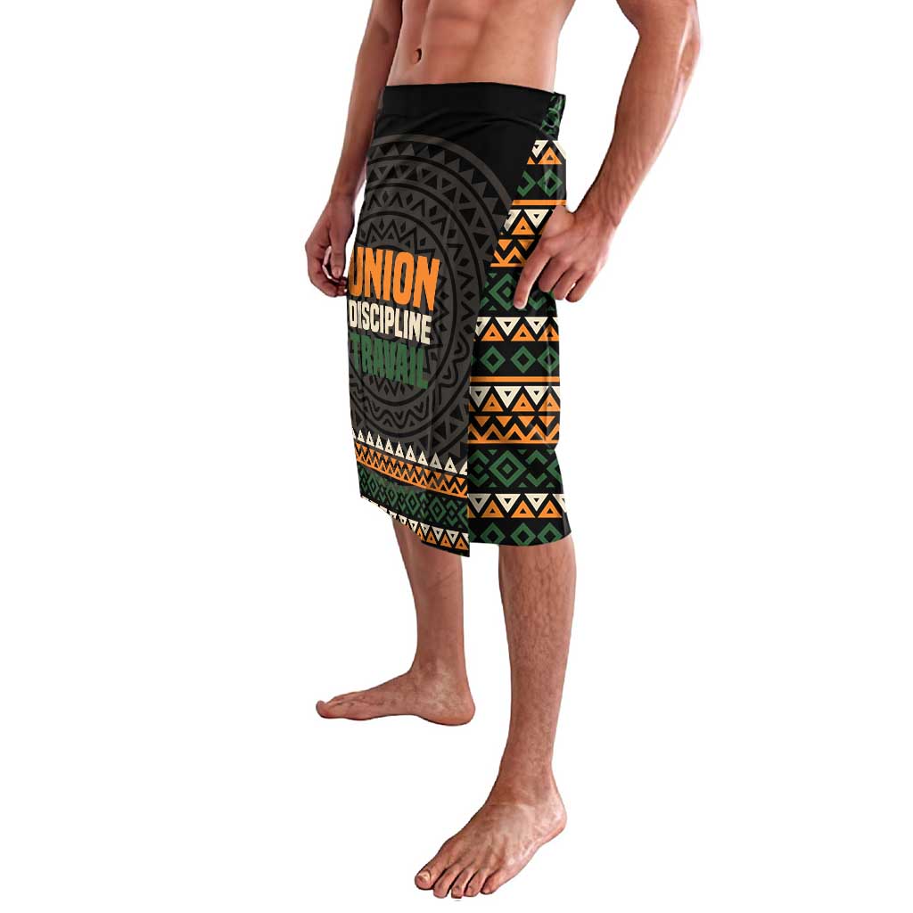 Black wrap skirt with multicolor geometric border and circular emblem graphic on side