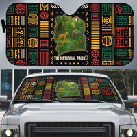 Car windshield sun shade with Taï National Park wildlife map design, black and multicolor
