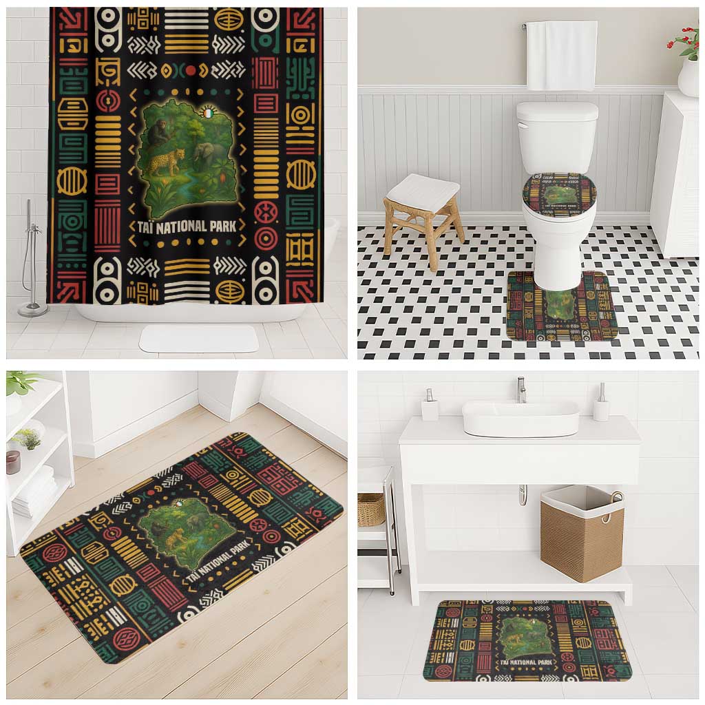 Ivory Coast bathroom set with Taï National Park wildlife map print, curtain and mats