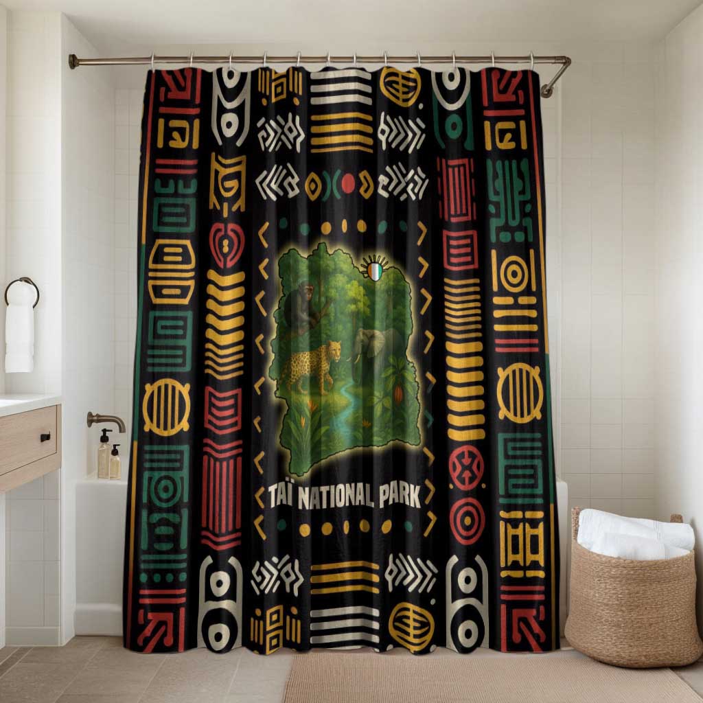 Shower curtain with Taï National Park map and multicolor tribal border