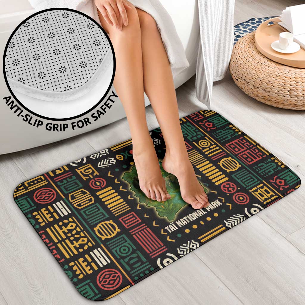 Bathroom mat with Taï National Park wildlife map design and anti-slip backing