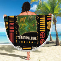 Round beach blanket with Taï National Park wildlife map design and fringe trim
