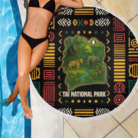 Round beach blanket with Taï National Park wildlife map design and fringe