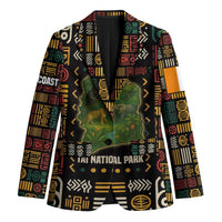 Printed blazer with multicolor geometric pattern and Taï National Park wildlife map