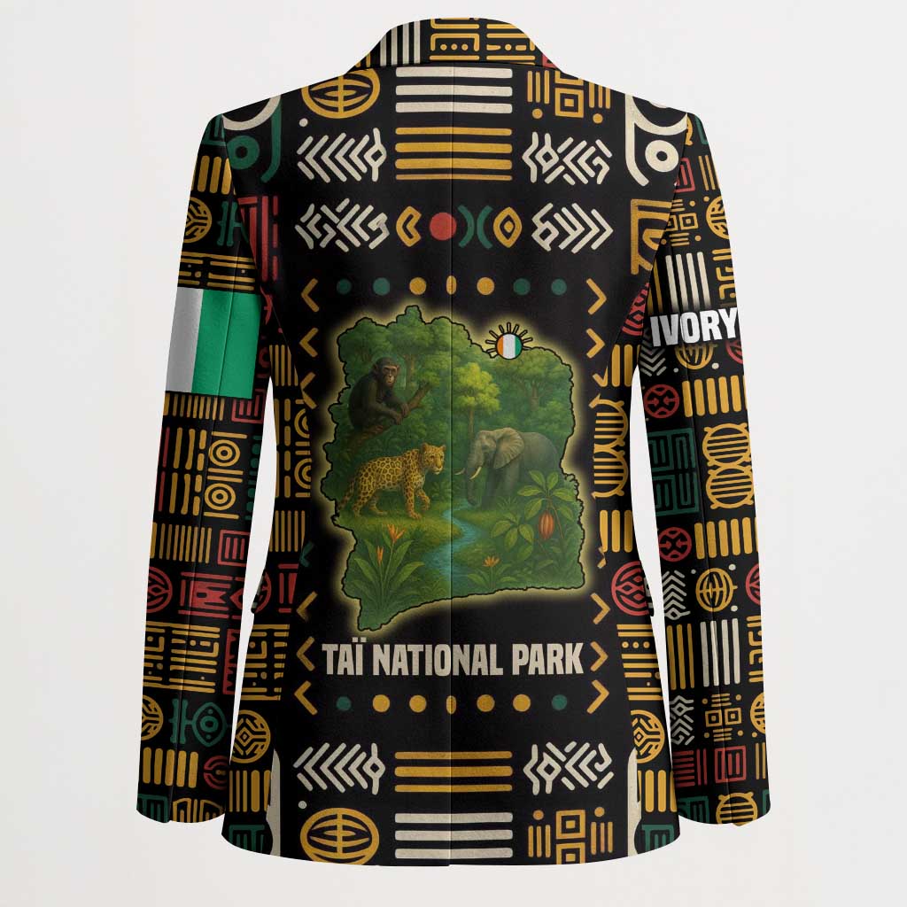 Multicolor blazer with Taï National Park wildlife map graphic, back view