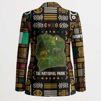 Multicolor blazer with Taï National Park wildlife map graphic, back view