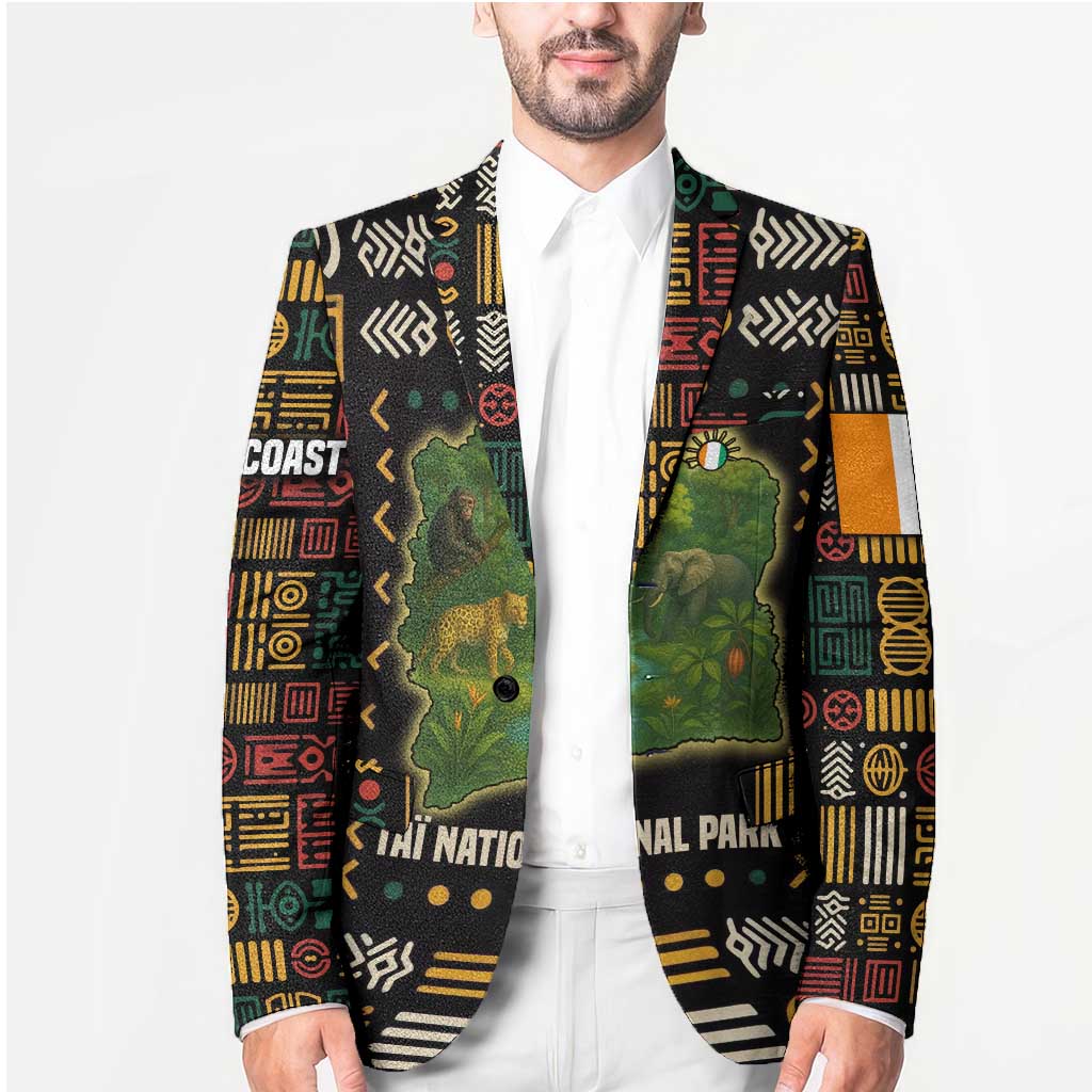 Multicolor unisex blazer with Taï National Park wildlife map print