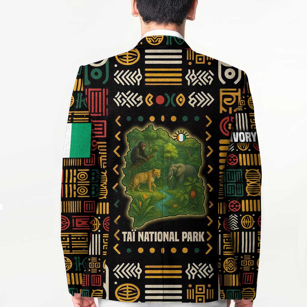 Blazer with multicolor geometric print and Taï National Park wildlife map on the back