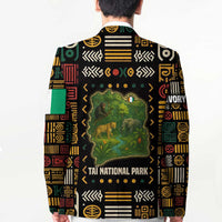 Blazer with multicolor geometric print and Taï National Park wildlife map on the back