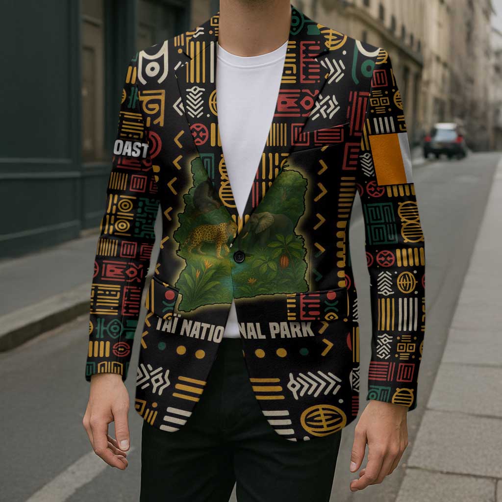 Multicolor blazer with Taï National Park wildlife map print